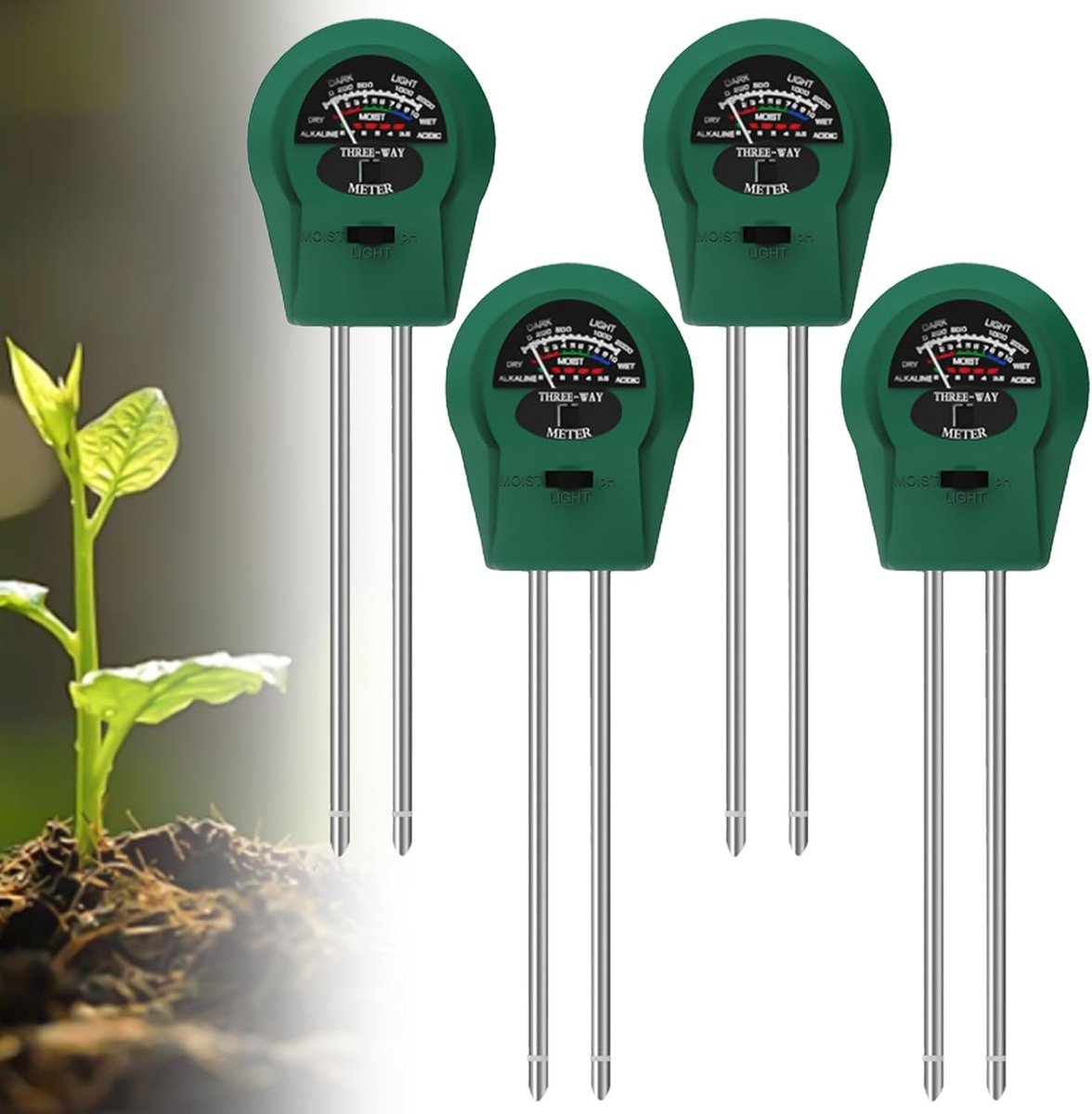 Bodemvochtigheidsmeter - Groen - 25,5 x 6 cm - 3-in-1 Metingen voor PH, Licht en Vochtigheid - Voor Tuinieren en Landbouw