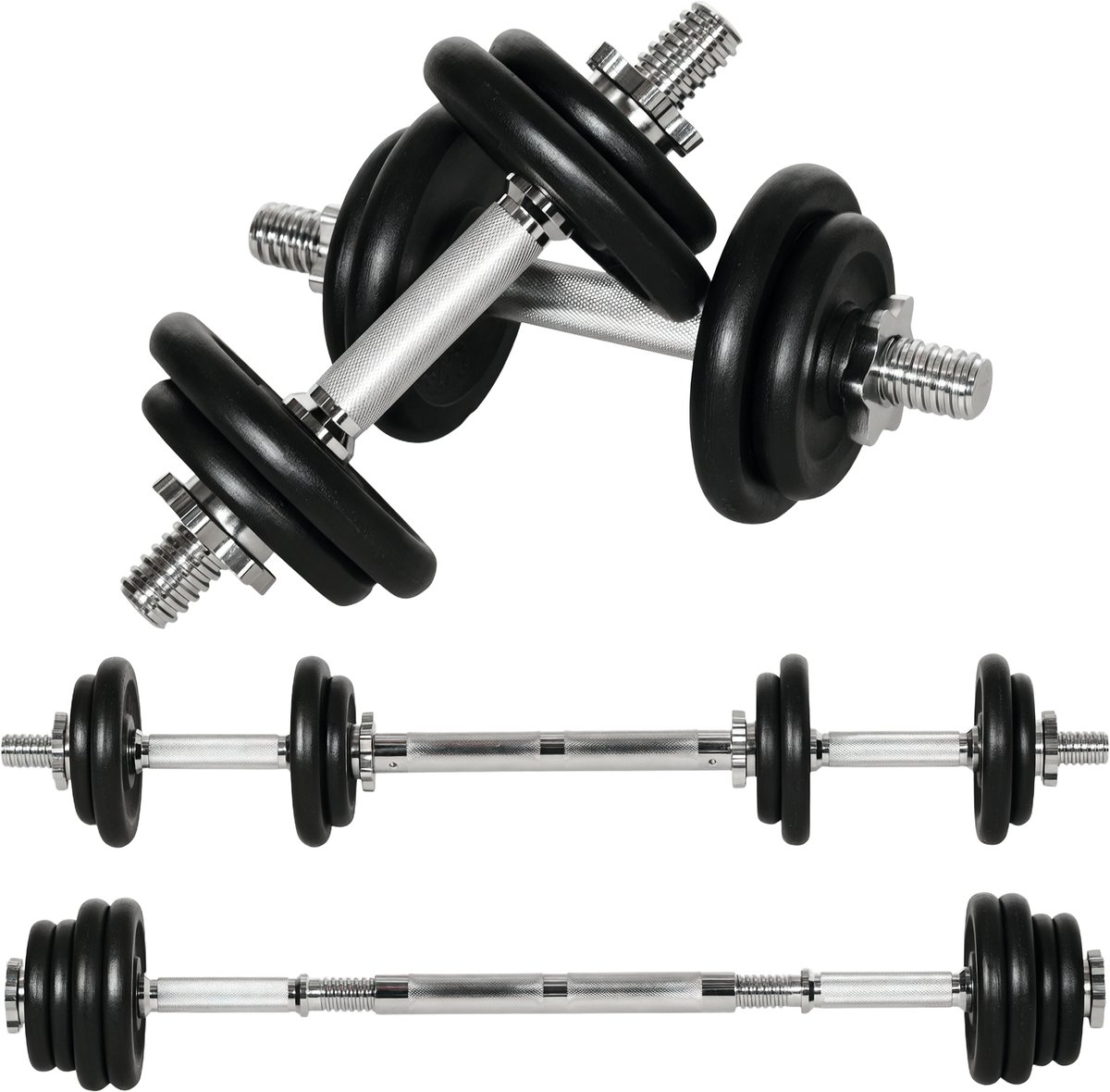Halter - halterstang - 2 - in - 1 - 20 kg - 8 gewichtsschijven - roestvrij staal - ijzer - zwart - 95 x 16 x 16 cm