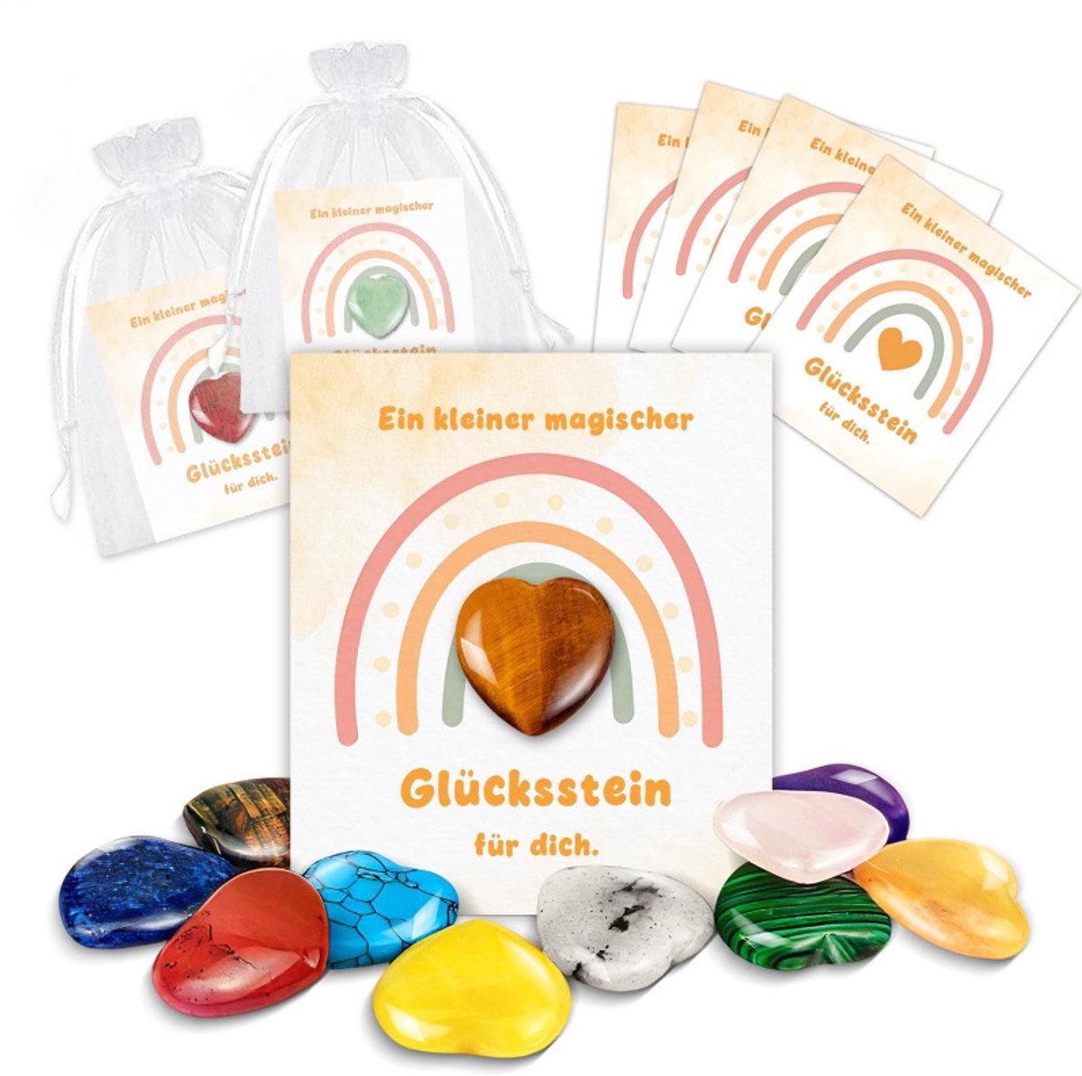 Claoner 12 Sets Heartstone - Natuurlijk Ert Hartvormig Kristal met Wenskaarten en Zaken - Verjaardagsfeest Geschenken - Halloween Kerstgeschenken