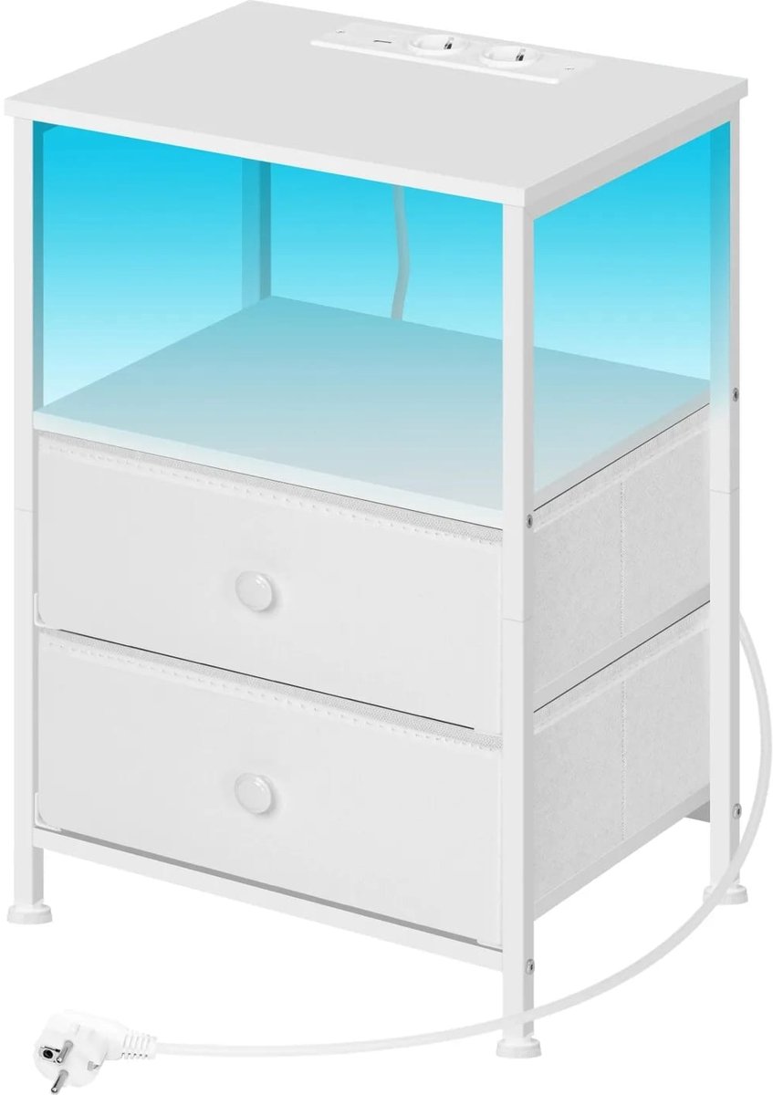 Nachtkastje Zwart - Met LED-verlichting en USB-laadpoorten - B 40 x D 30 x H 60 cm - Wit 1 stuks
