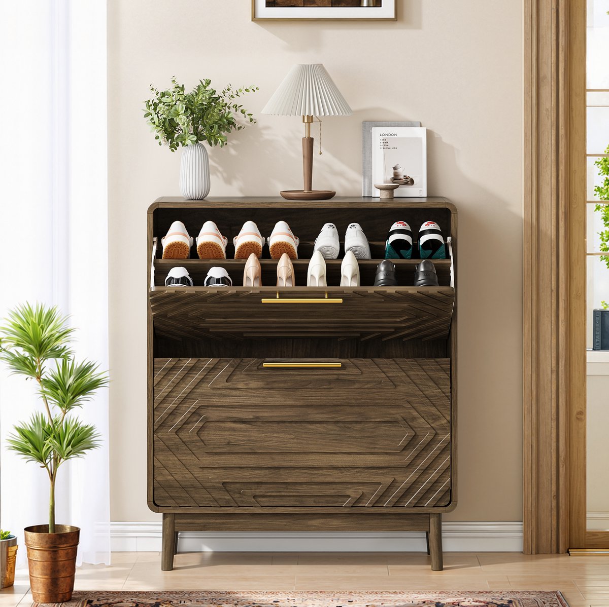 MIVRAY Schoenenkast - Vrijstaand Met Twee Klapvakken En Open Vak - Voor Hal En Gang - MDF - Walnoot - 80x24x95 Cm