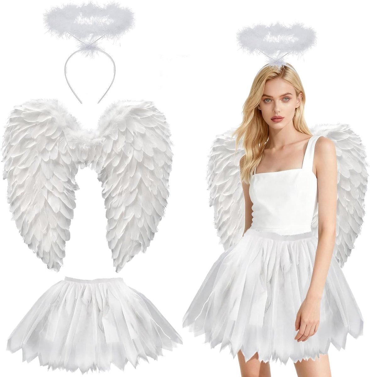 Volwassen Engel Kostuum met Vleugels, Tutu Rok en Halo voor Halloween, Perfect voor Feestjes en Verkleedpartijen