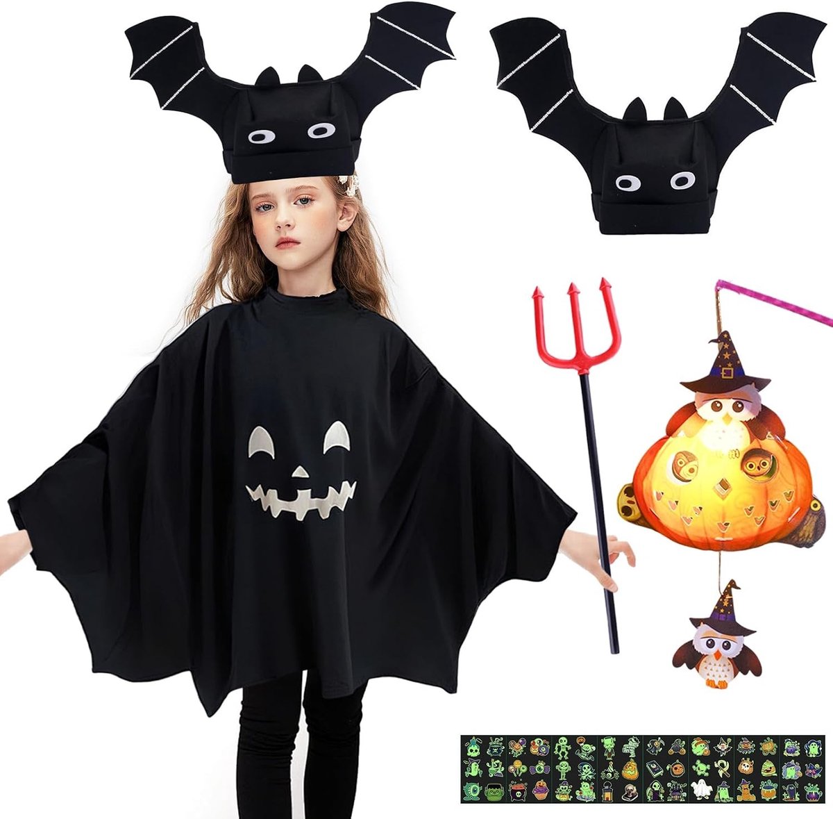 Griezelig Halloween Kostuum voor Kinderen met Bat Hoed, Trident, Luminous Pompoenlichten en Tatoeages, Perfect voor Feesten en Carnavals