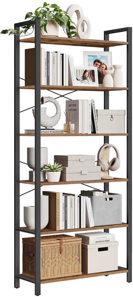 Famanu – Vrijstaande boekenkast met 6 lagen en stalen frame, 80 x 30 x 186 cm, stevig en stijlvol