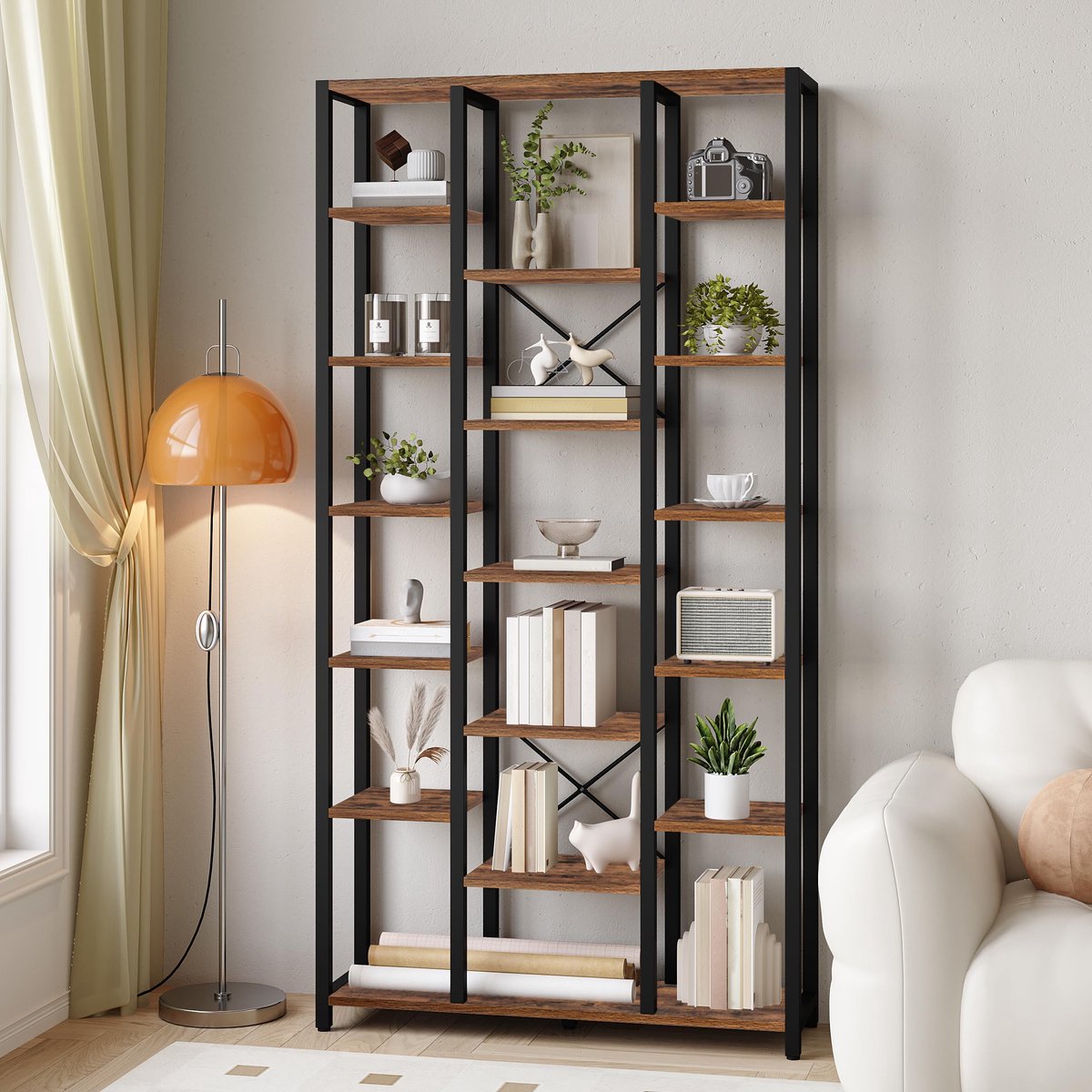Famanu – Boekenplank met 7 niveaus en 18 open planken, verstelbare opbergkast voor woonkamer en thuiskantoor, 30 x 100 x 200 cm, rustiek bruin en zwart