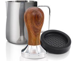 Espresso tamper 51 mm van hoogwaardig roestvrij staal met houten handvat, barista set met tamper mat en melkkan [350 ml], inclusief gratis e-books voor koffieliefhebbers