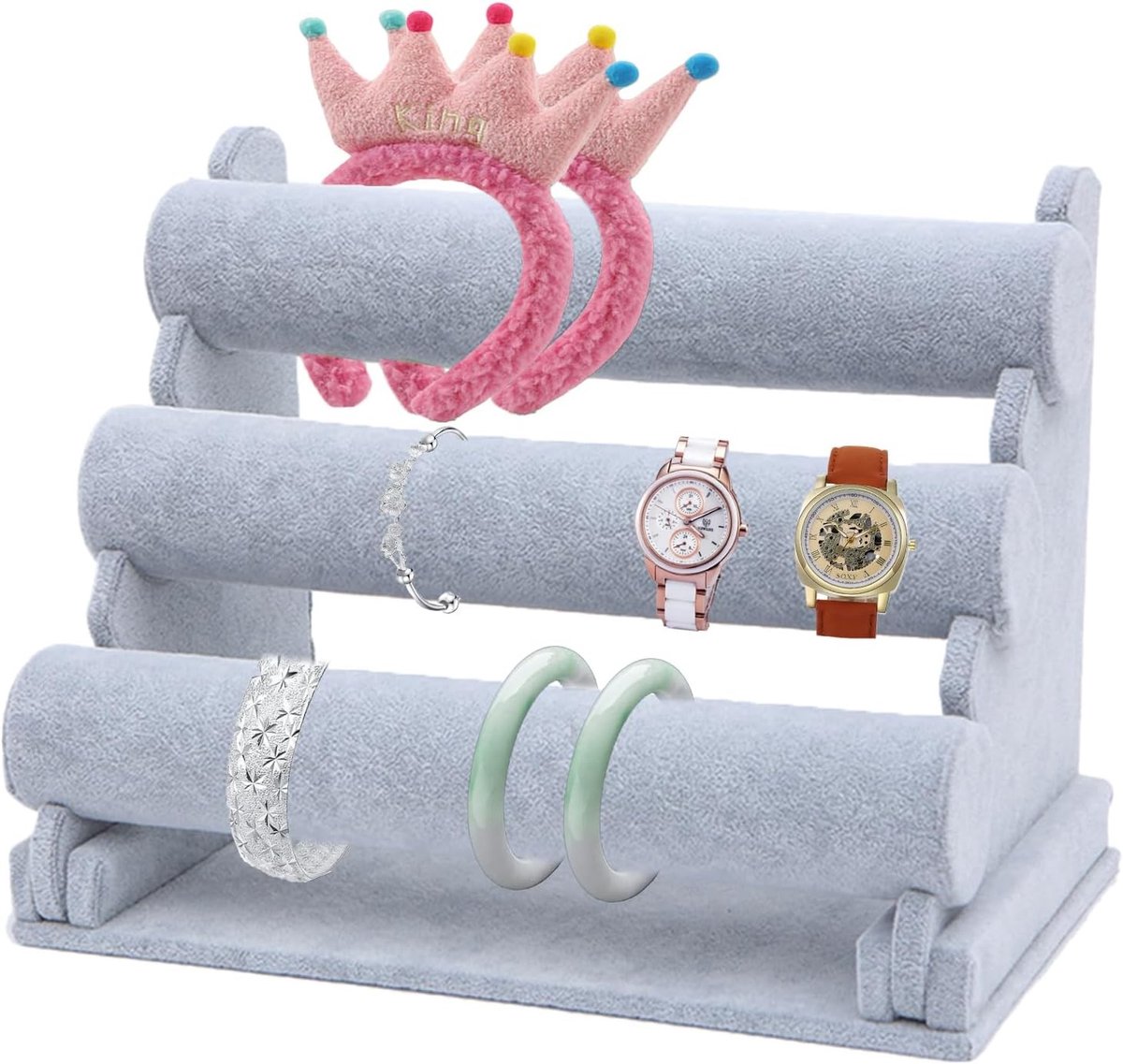 Drie niveaus armbandhouder, juwelenstandaard voor armbanden, horloges en kettingen, ideaal voor sieradenopslag en -presentatie (Grijs)