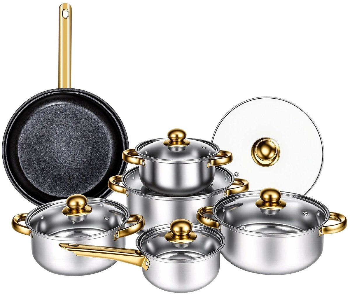 Pannenset 12 - delig RVS - Inductie Pannen Set met Glazen Deksels en Koekenpan - Complete Kookset