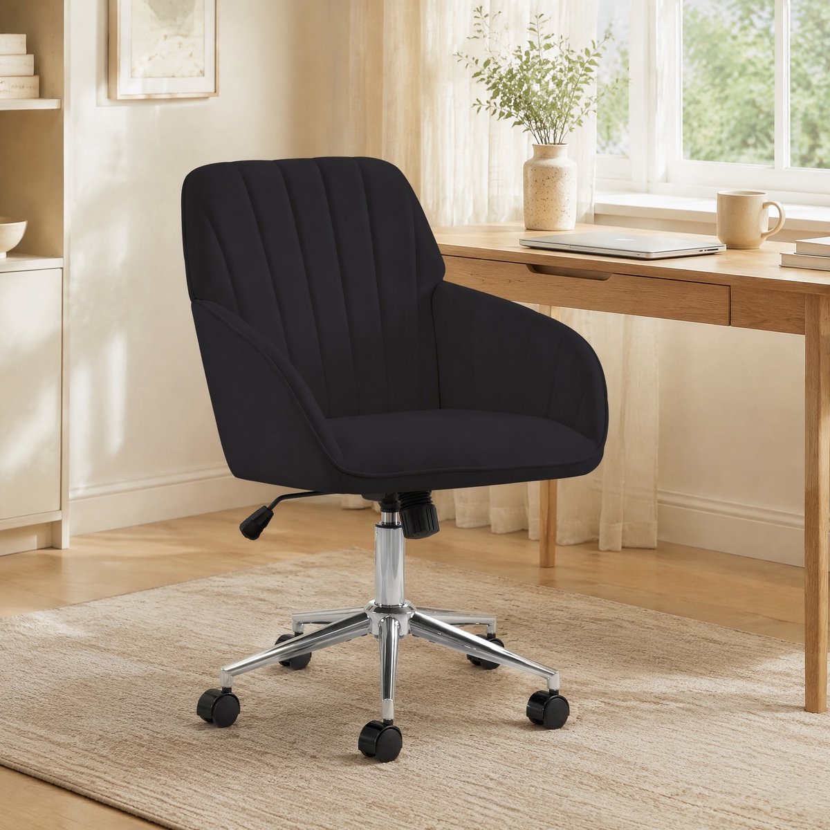 Wishdor Bureaustoel - Ergonomische zithoogte verstelbaar 360° draaibaar - Met armleuningen en wielen - Fluweel - Zwart - Voor kantoor slaapkamer werkplek - 57 x 29 x 97 cm