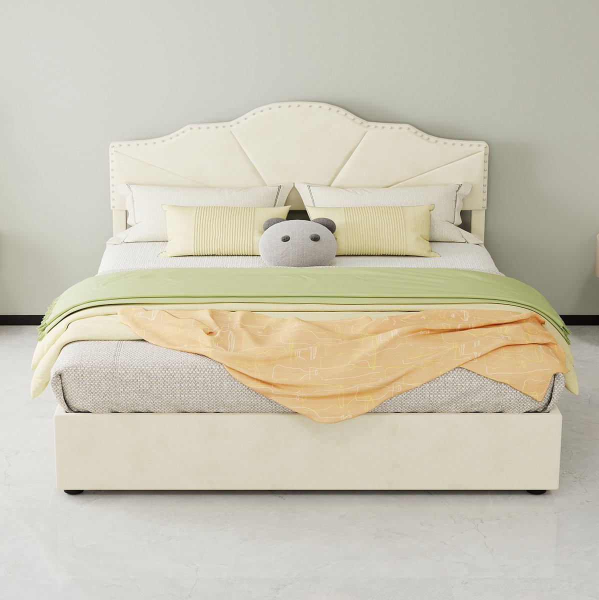 Wishdor Boxspring 160x200 cm - Soft bed met hoofdbord - Geometrisch design - Hydraulische opbergruimte - Stof en metaal - Beige - Tweepersoonsbed voor slaapkamer