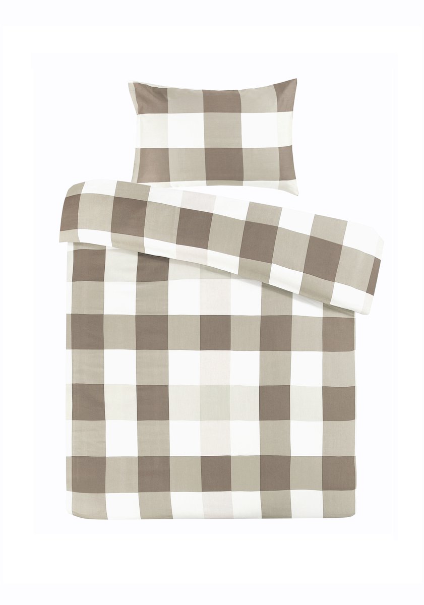 Padiro dekbedovertrek 140 x 200 cm - taupe - geruit vichy design - katoensatijn - met 1 kussensloop 65 x 65 cm