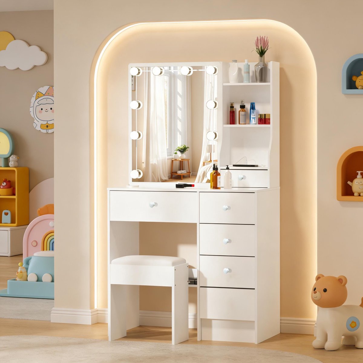 Kaptafel met Verstelbare LED Verlichting, Witte Make-uptafel met Spiegel en Kruk, 6 Laden, 3 Open Planken, Verborgen - ShopVlot
