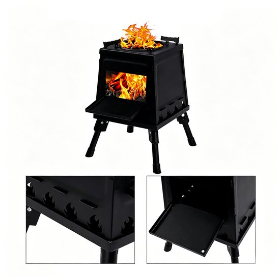 Houtgestookte tentkachel - Campingbarbecue - Draagbare houtkachel - Houtgestookte survivalkachel voor buiten - Opvouwbare winddichte campingkachel - Geschikt voor reizen, kamperen en buiten koken - Roestvrij staal - Zwart — afbeelding 2