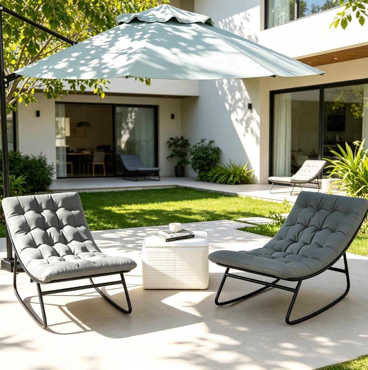 OKWISH Schommelstoel Set Van 2 – Comfortabele Tuin Fauteuils Met Kussens – Stalen Frame En Stevige Basis – Voor Terras, Veranda En Balkon – Stof – Donkergrijs En Zwart