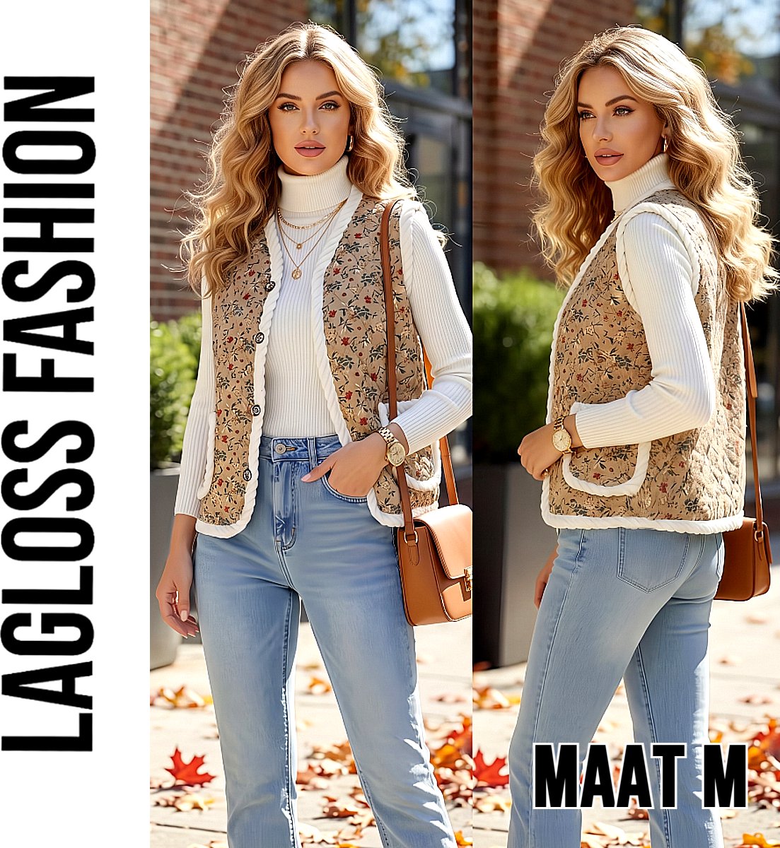 LaGloss® Dames Vintage Bloemenvest – Mouwloos Teddy Gilet met Pluche Voering – Khaki - Maat M
