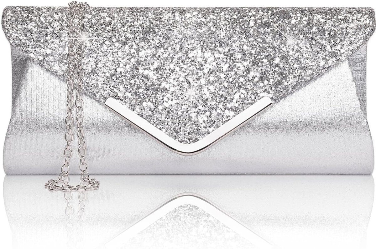 Avondtassen voor dames, glinsterende glitter avondtas, modieuze portemonnee, elegante bruidstas met ketting schouderriem voor bruiloft, feest of gala, Zilver