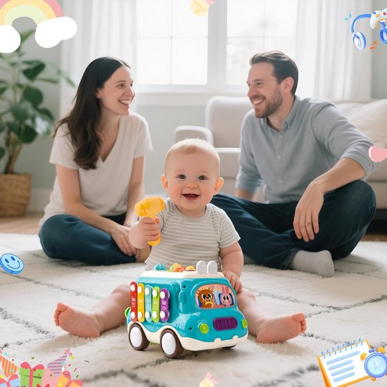 Muzikale activiteitenbus Speelgoed voor jongens van 1 jaar, Montessori speelgoedauto met xylofoon voor kinderen, muzikaal speelgoed voor baby's, Montessori educatief speelgoed en spellen voor 1-2 jaar, cadeau voor een babyjongen of meisje (blauw) — afbeelding 5