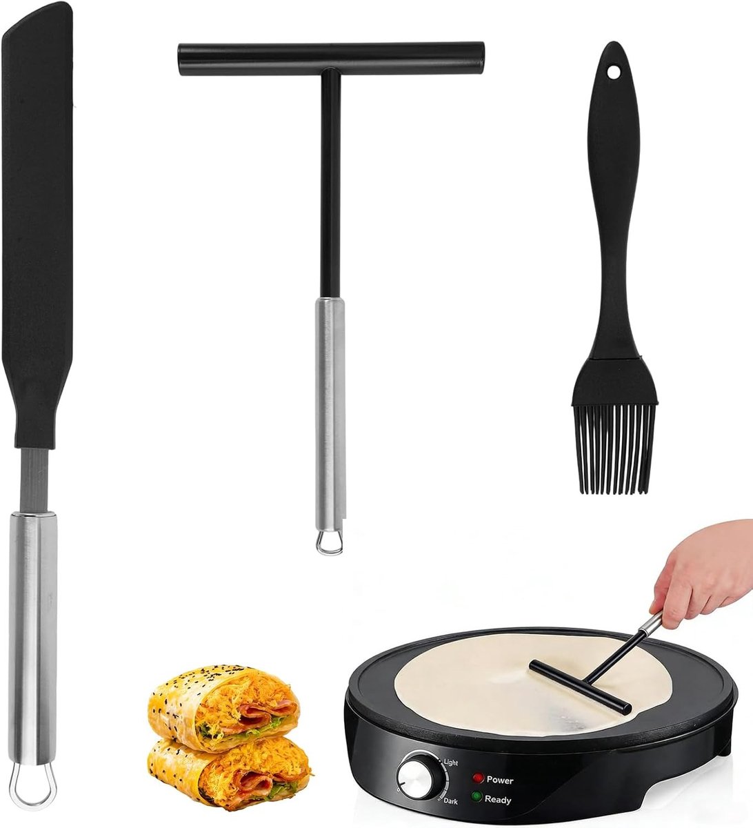 Pannenkoekenverdelers en Spatels Set - Zwart - Roestvrij Staal met Siliconen Coating - Voor Pannenkoeken en Crêpes