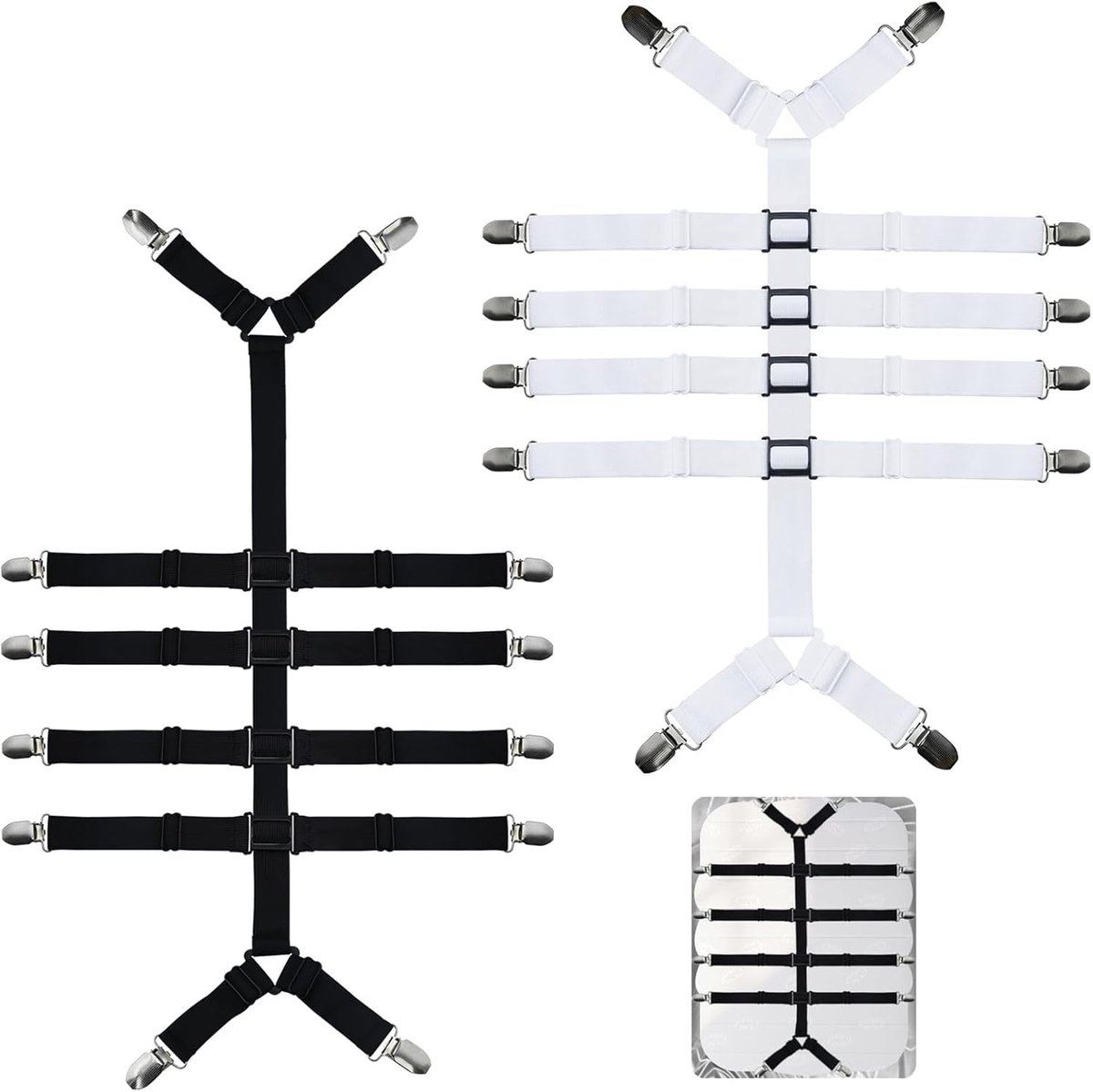Verstelbare Bedlakenspanners - Zwart en Wit - 2 Stuks - Nylon met Metalen Klemmen - Voor Lakens en Matrassen