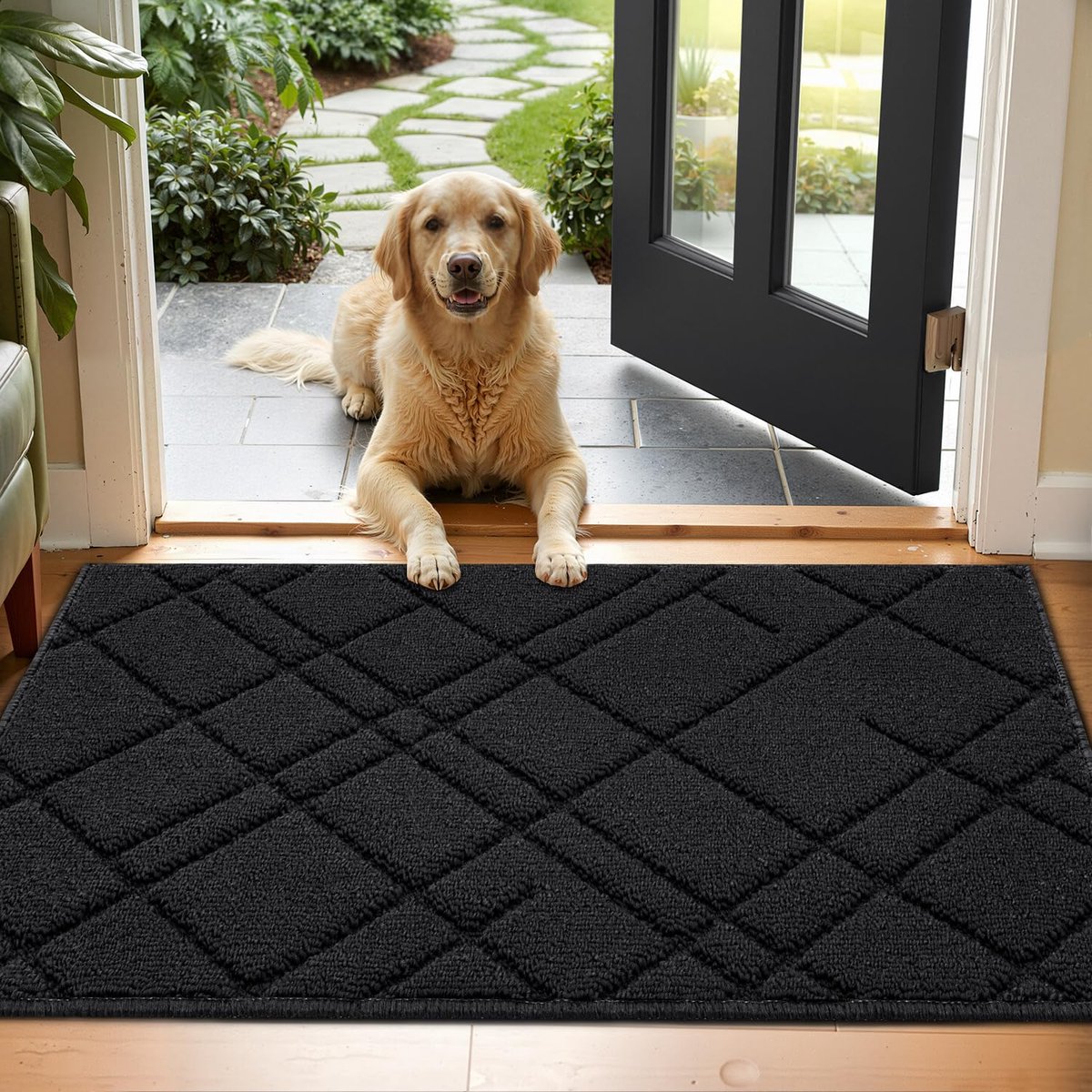 Famanu Deurmat binnen, 50 x 80 cm, absorberend en wasbaar, antislip diamantpatroon voor entree en achterdeur Zwart