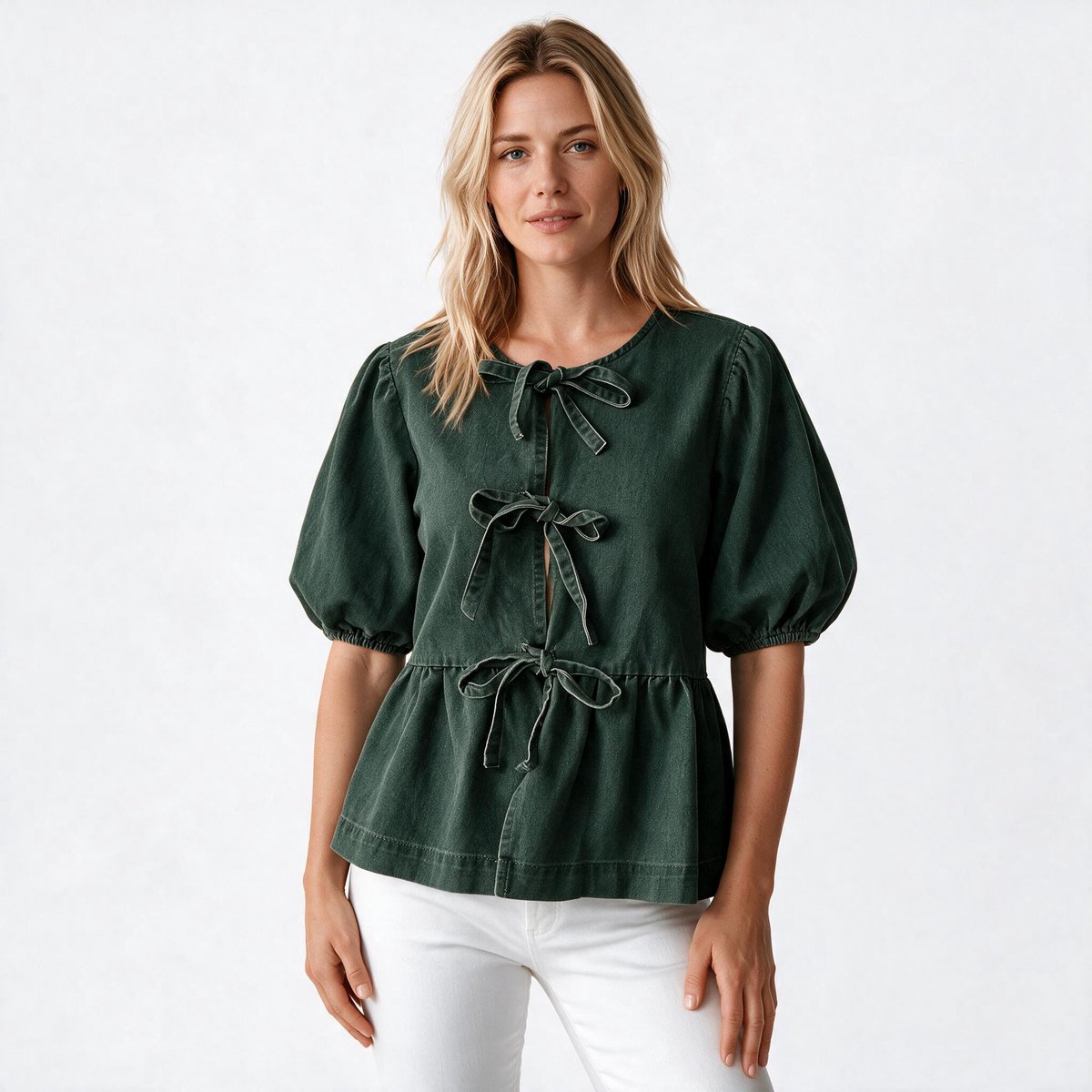 Imily Bela Dames Denim Blouse met Pofmouwen en Strikdetails