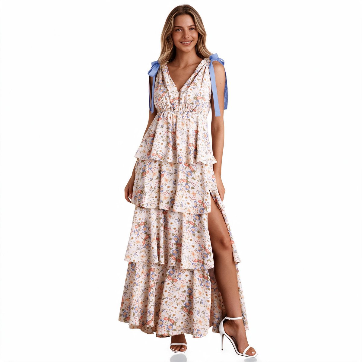 Imily Bela Dames Maxi Jurk met Bloemenprint, V-Hals, Ruches en Split