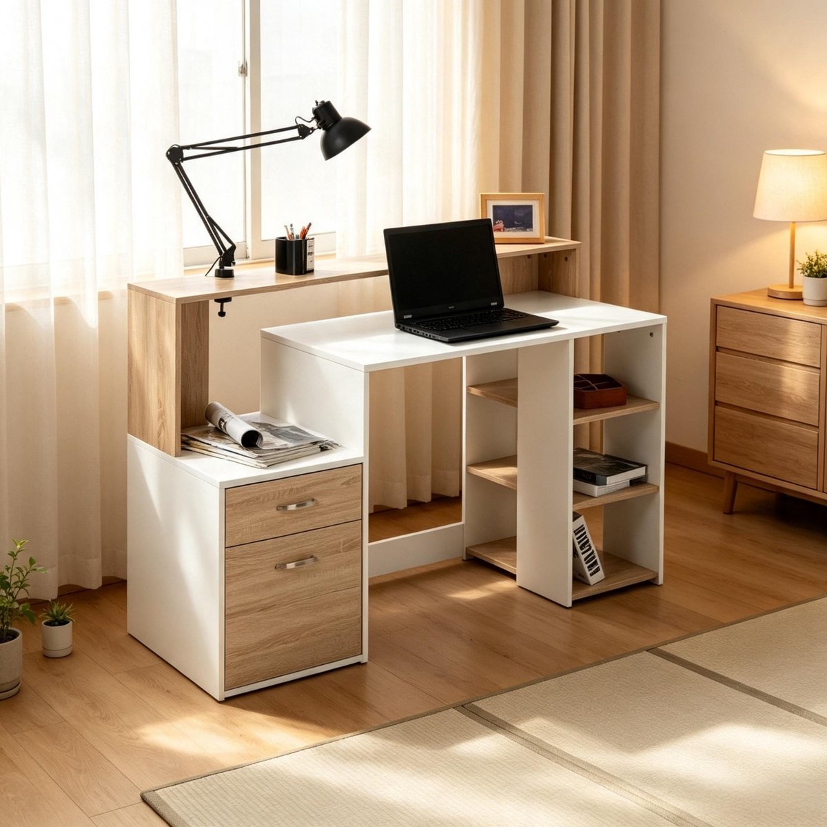 FloraGrace Bureau - Multifunctioneel Bureau Met Opbergruimte En Lades - Voor Thuiswerk En Studie - MDF - Eiken Wit - 137x55x92 Cm