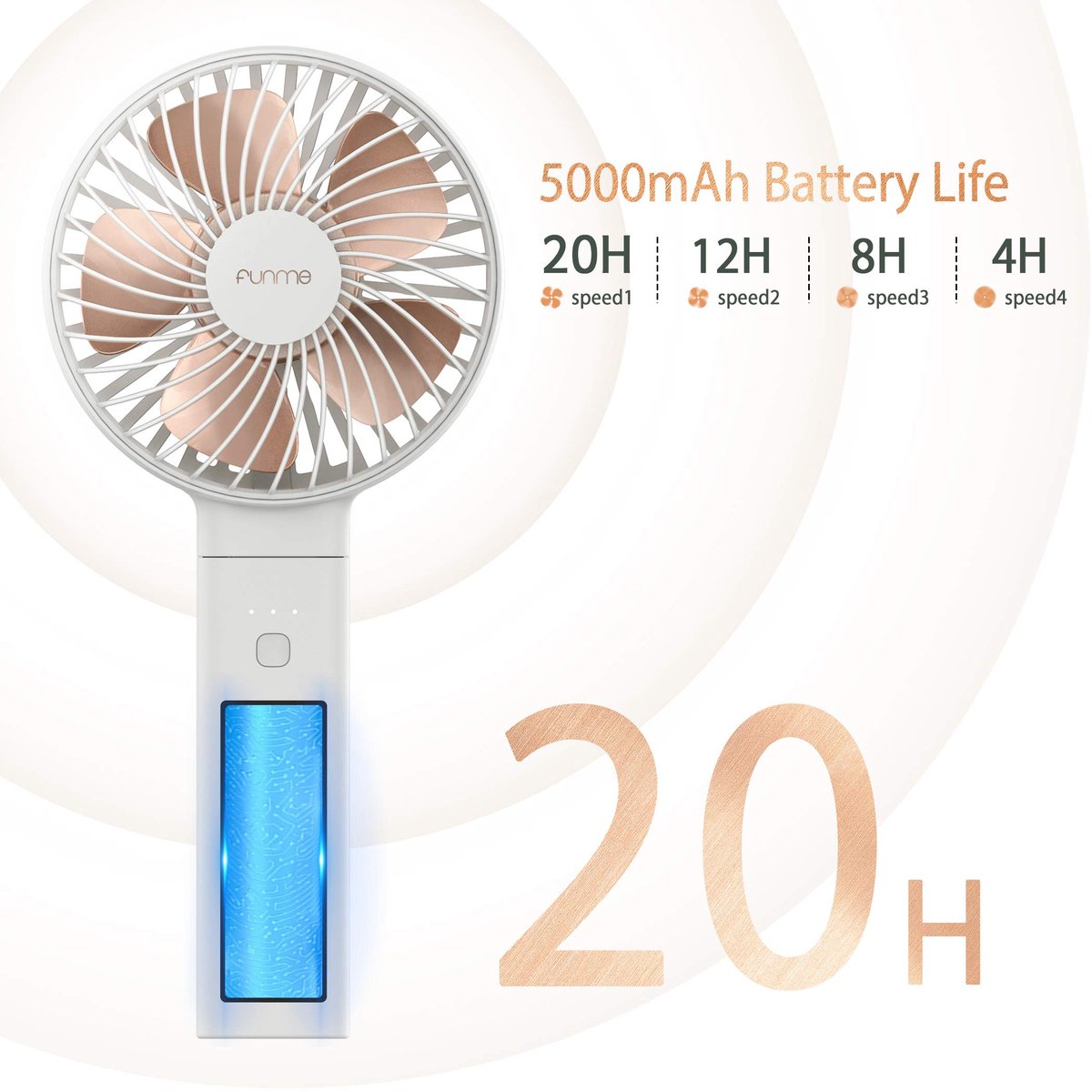 FUNME Oplaadbare Stille Draagbare Ventilator 5000mAH 20 Uur USB Ventilator Krachtige Zakventilator Handheld - ShopVlot