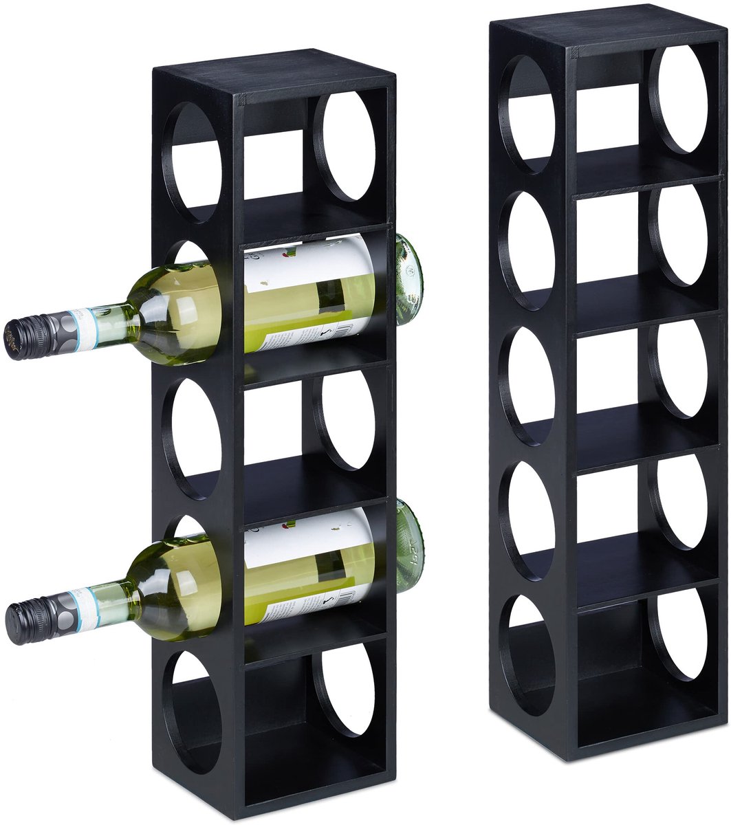 Famanu – Set van 2 bamboe wijnrekken voor 5 flessen, staand wijnflessenrek, HxBxD: 53 x 14 x 12 cm, zwart