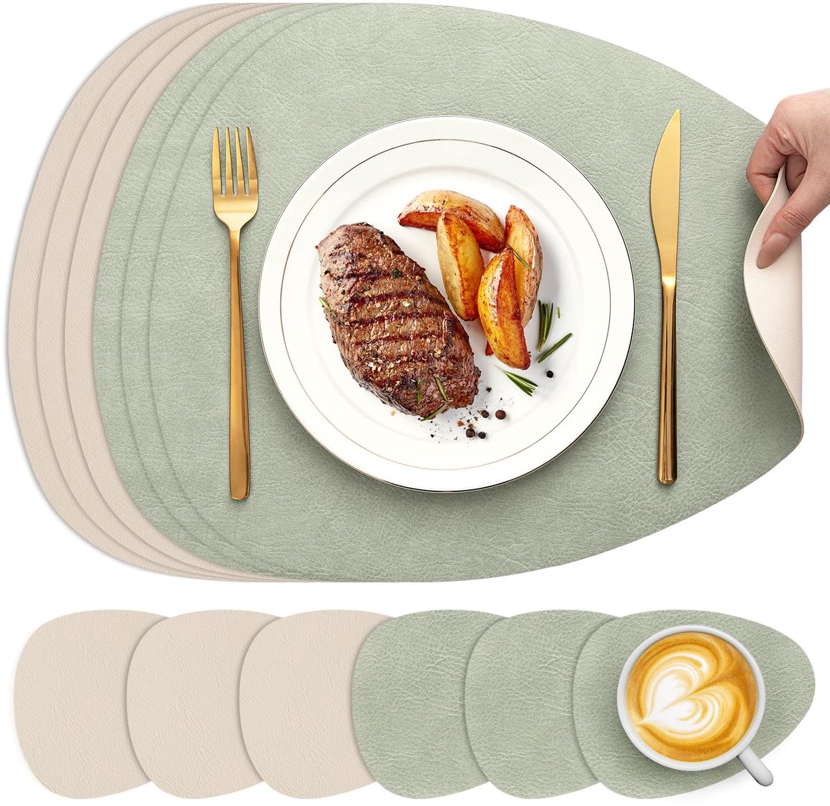 Famanu – Afwasbare placemats en onderzetters, dubbelzijdige ovale placemats