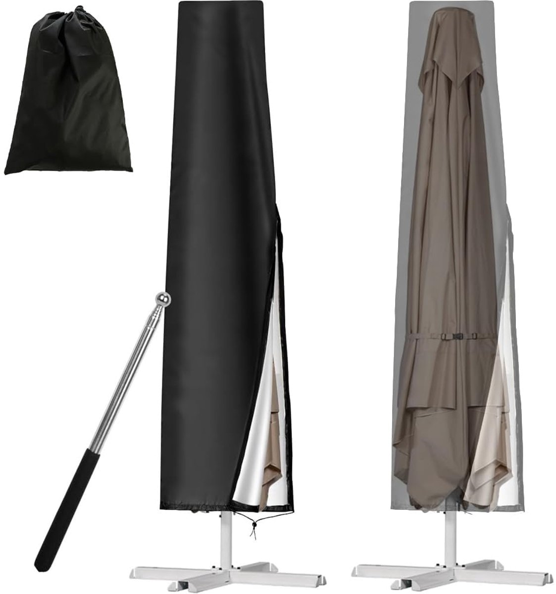 Famanu Beschermhoes voor parasol, met stang, voor zweefparasol, 210D Oxford-stof, UV-bescherming en weerbestendig, geschikt voor 1 tot 3 m, rond en hoekig, zwart