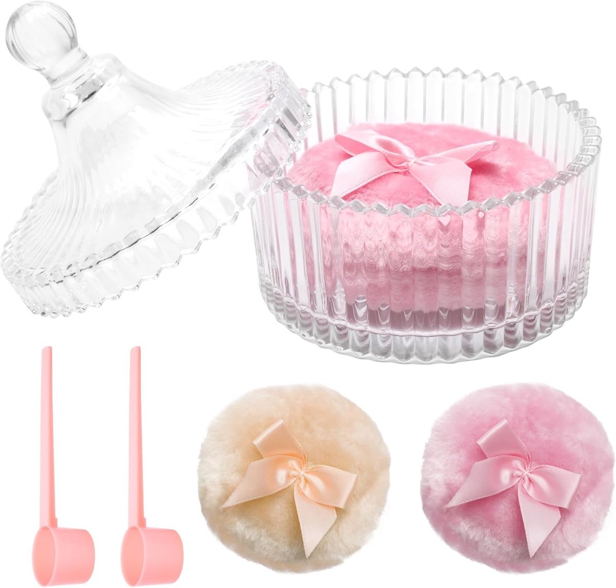 Grote Poederdoos met 2 Zachte Kwasten en Lepel - Ideaal voor Lichaamspoeder en Make-up, Roze en Beige