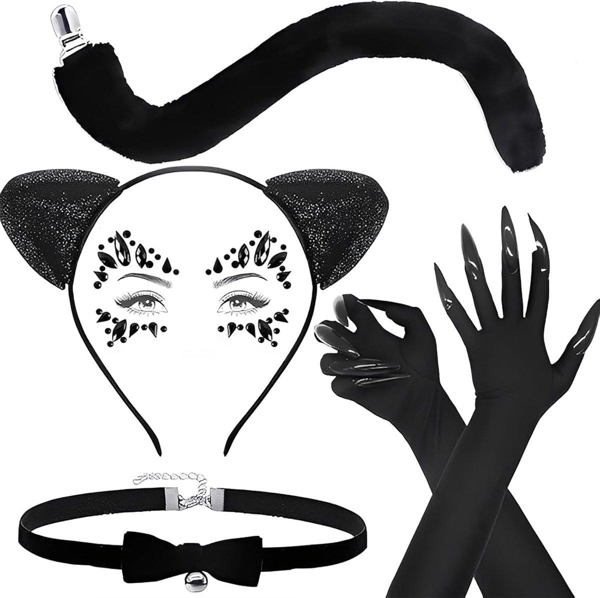 Vijfdelige kattenkostuumset voor vrouwen met accessoires voor Halloween en carnaval, ideaal voor cosplay en feestjes