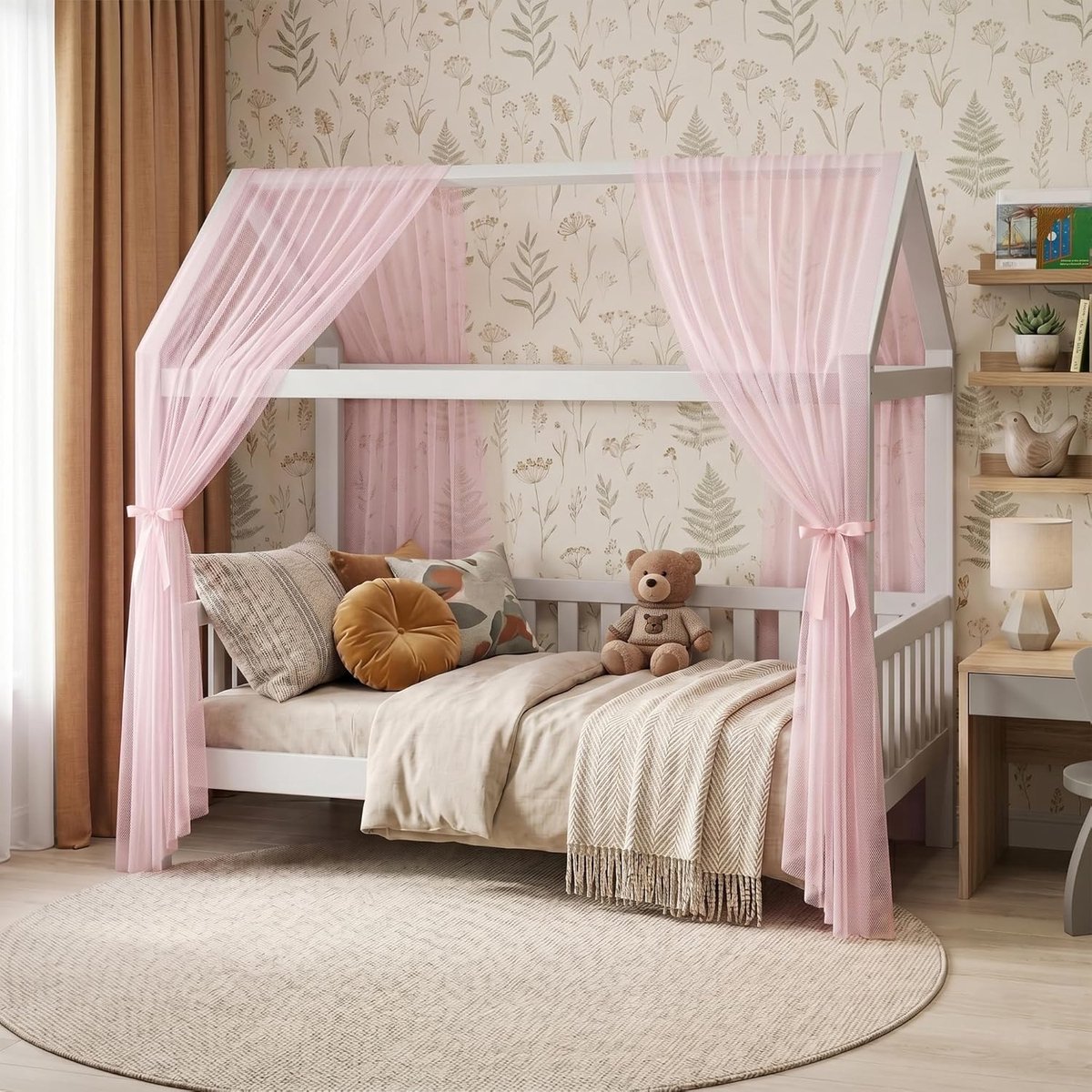 SnelShoppen - RANJIMA Huisbed Hemel Mousseline 2 Stuks Bedhemel Kinderbed Zacht Ademend Gordijnset voor Kinderbed 67 x 270 cm Roze - Baldakijn Decorat