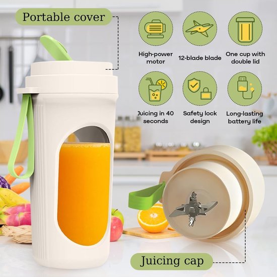 Draagbare Blender - Smoothie Maker - Gezonde Drankjes Maken - 12 Roestvrijstalen Bladen - 450 ml - Wit — afbeelding 4