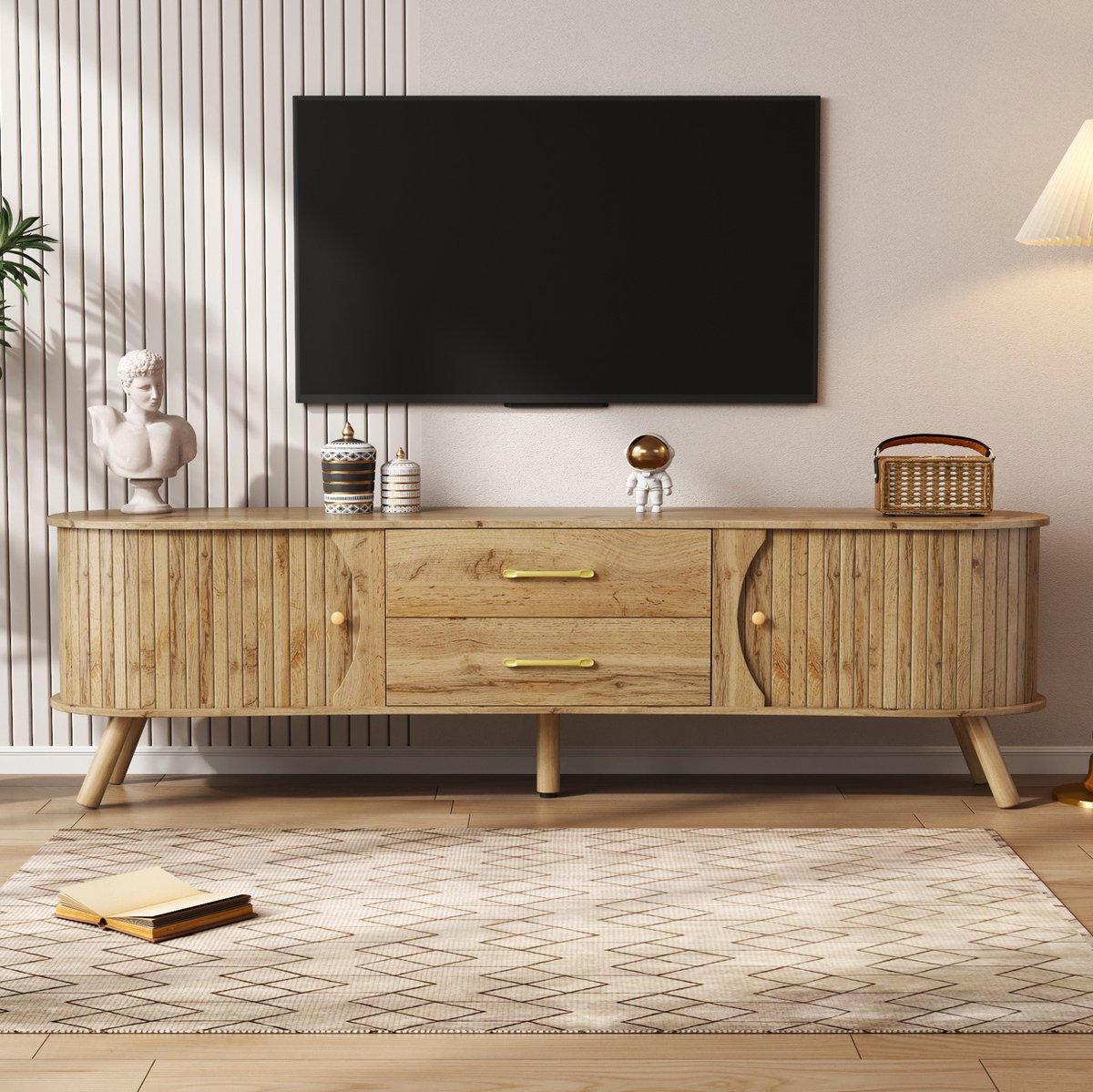 MODENUIT Tv-Meubel - 2 Schuifdeuren En 2 Lades - Voor Woonkamer Of Hal - MDF En Naturel Ho