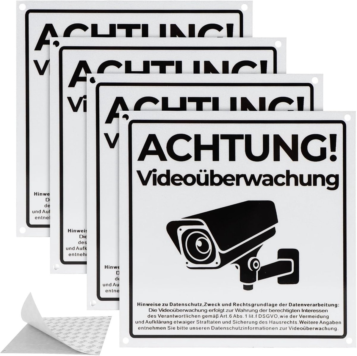 SnelShoppen - 4 Stuks Video Bewaking Signaal, Informatie Bord Video Surveillance met DSGVO Vermelding, 15x15cm Aluminium Waarschuwingsbord voor Camera