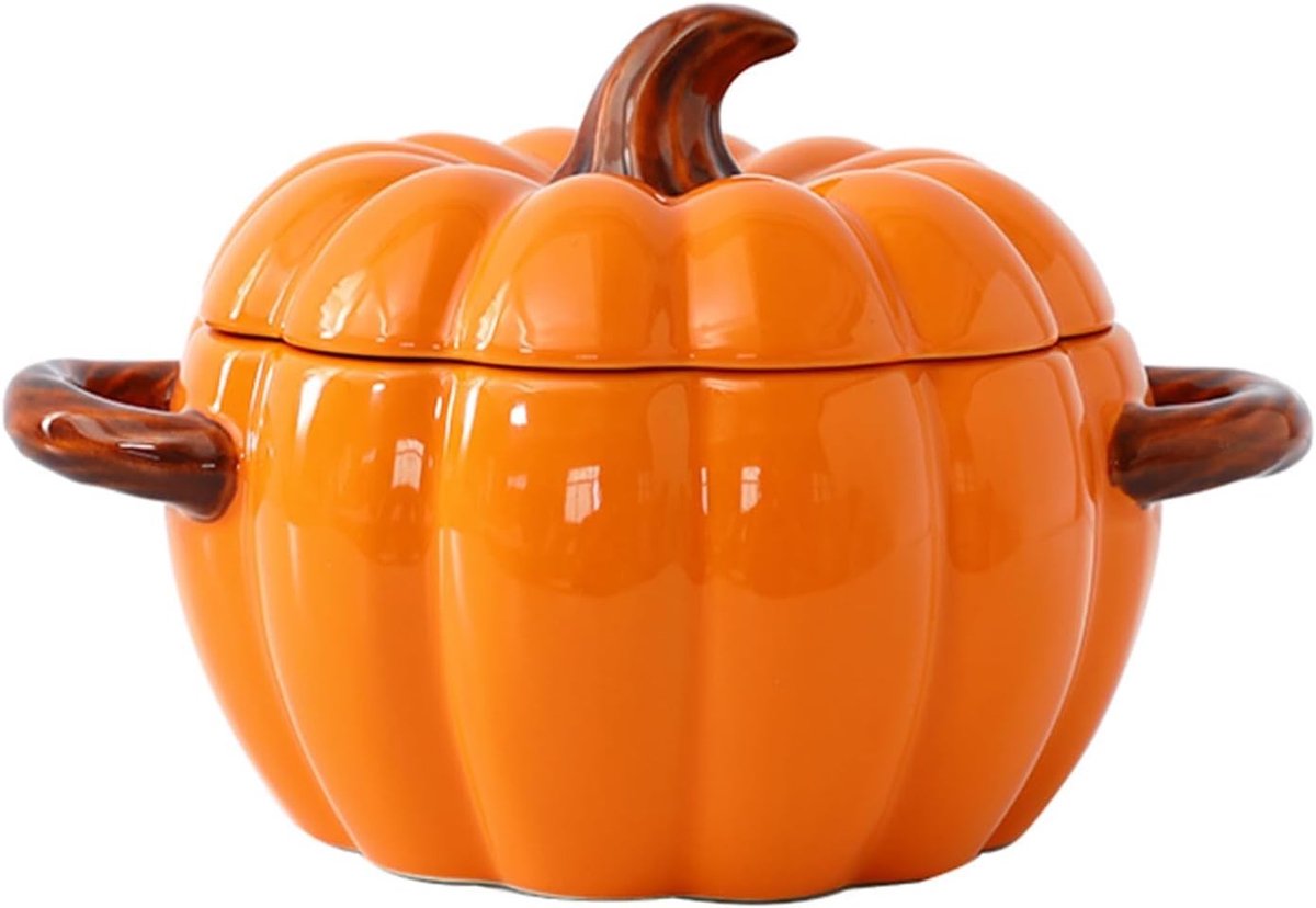 Grote keramische pompoen stoofpot met deksel, 1.9L, ideaal voor soep, ovenschotels en feestelijke maaltijden, vaatwasser- en magnetronbestendig