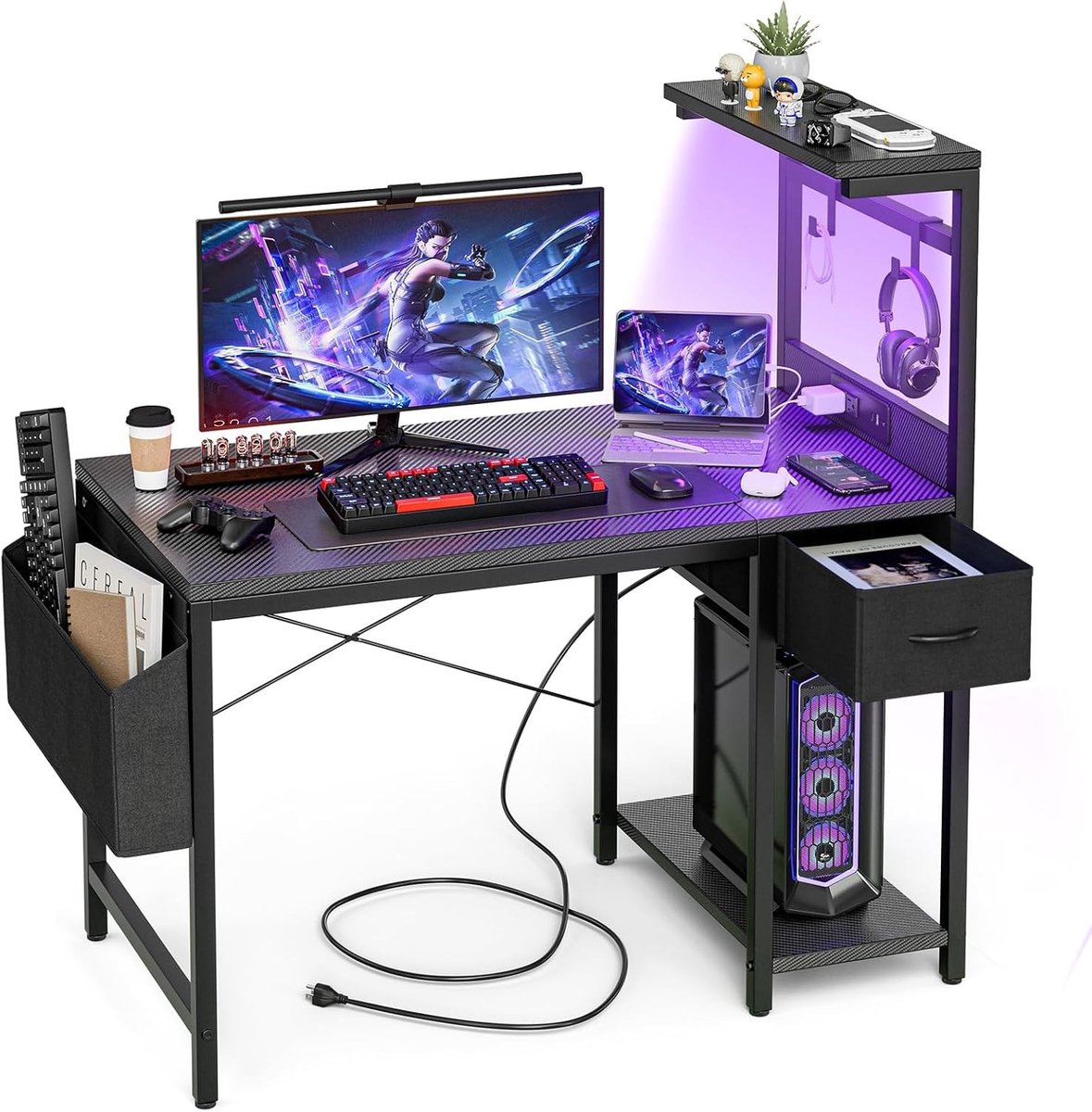 Gaming Bureau 100x50cm met Stopcontact en LED Verlichting, Compact PC Bureau met Omkeerbare Planken en Opbergtray, Ideaal voor Thuiswerk en Gaming in Carbon Fiber Zwart