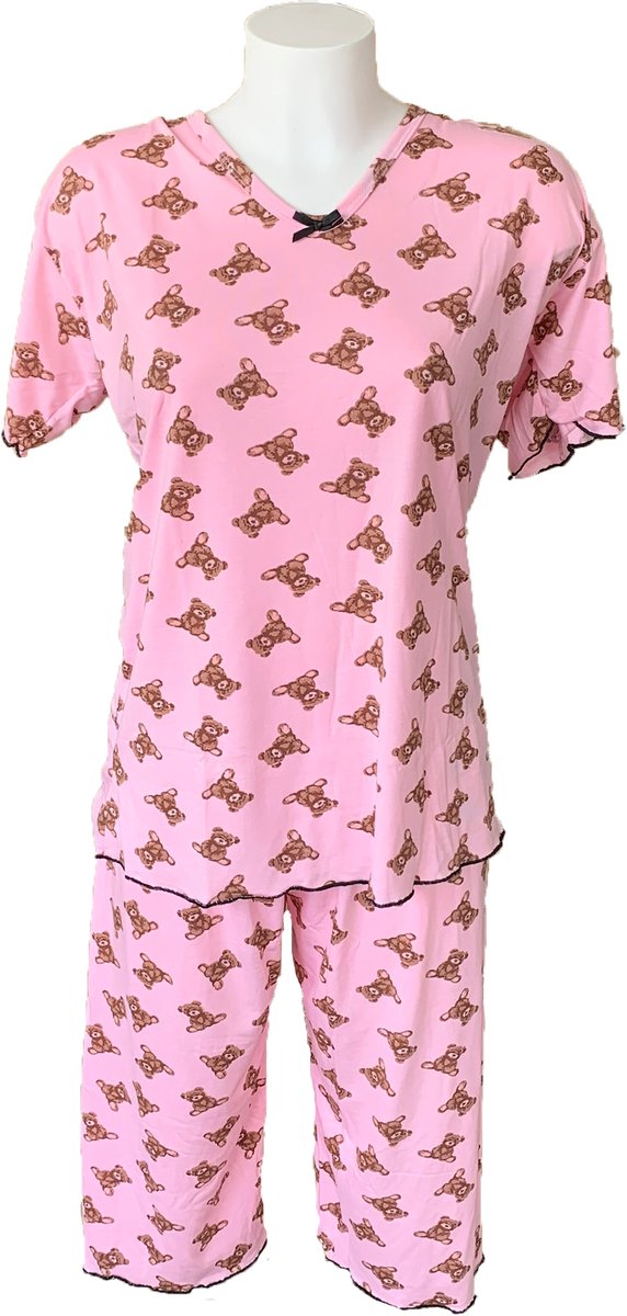 Dames Pyjamaset met Beertjes Patronen - Korte Mouwen Shirt en Driekwart Broek 74 cm - 95% Katoen en 5% Lycra/Elastaan - Kleur Roze - Maat XL