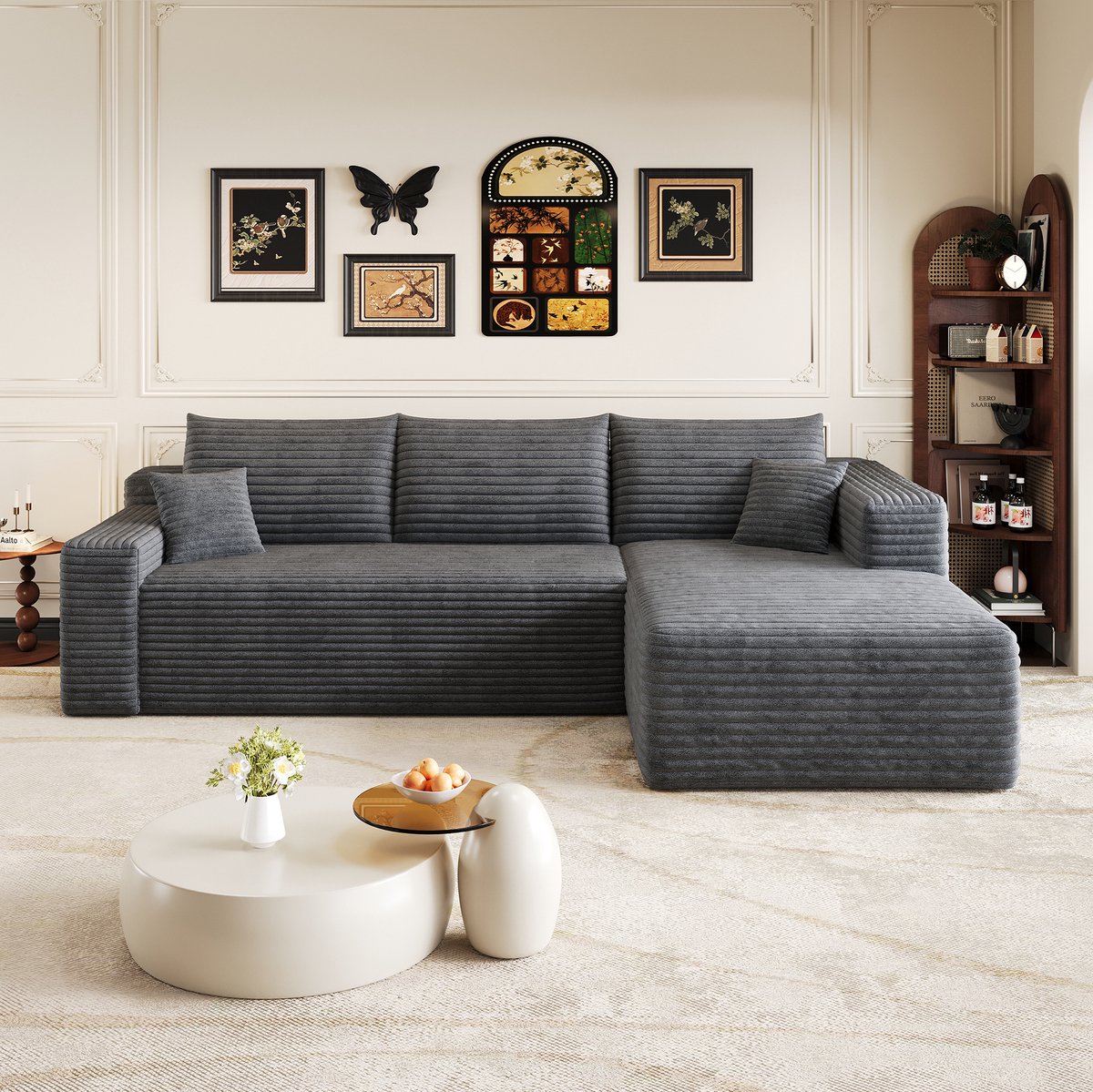 REDOM Hoekbank - 3-zits - L-vormige chaise longue rechts - Corduroy - Moderne minimalistische stijl - Woonkamer - Donkergrijs - 241 x 151 x 84 cm