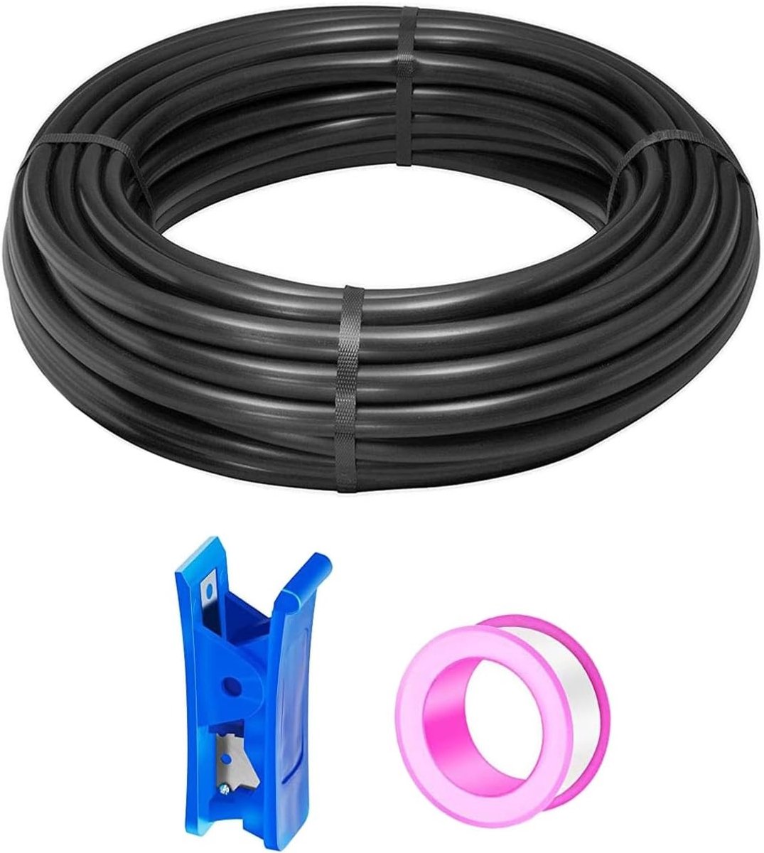 Pneumatische PU-slang 10 m zwart, flexibele persluchtslang 14 mm x 10 mm met slangsnijder en teflonband