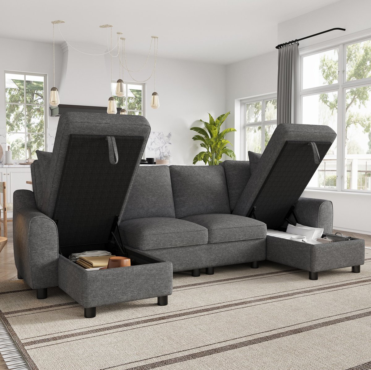 REDOM - Bank - U-bank met opbergruimte - 2 chaise longues - 2 kussens - moderne stijl - woonkamer - chenille - Grijs - 280 x 137 x 84 cm