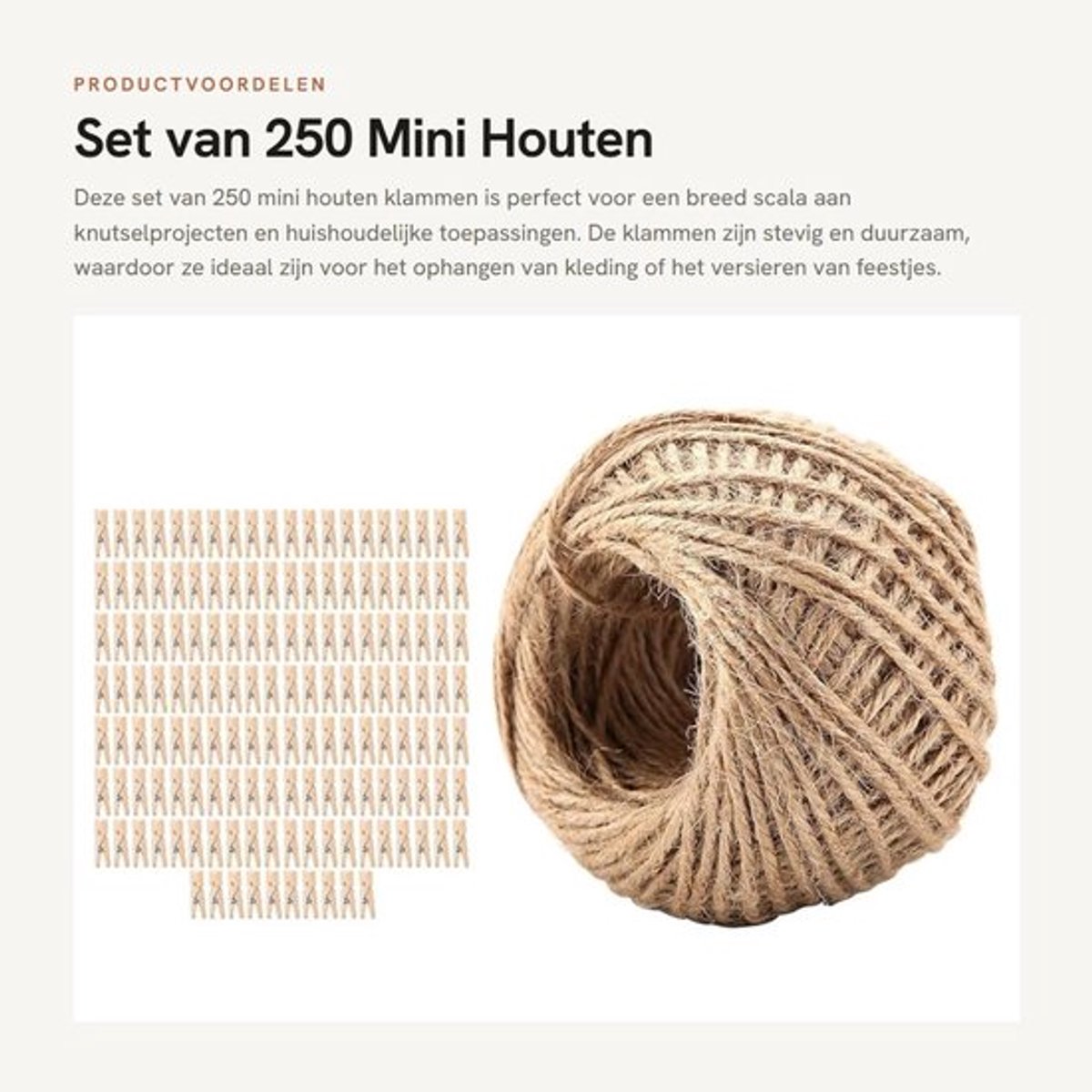Wasknijpers Hout 250 Stuks - Mini Wasknijpers - Jute Touw - Duurzaam - Milieuvriendelijk - Stevige Grip - Knijpers