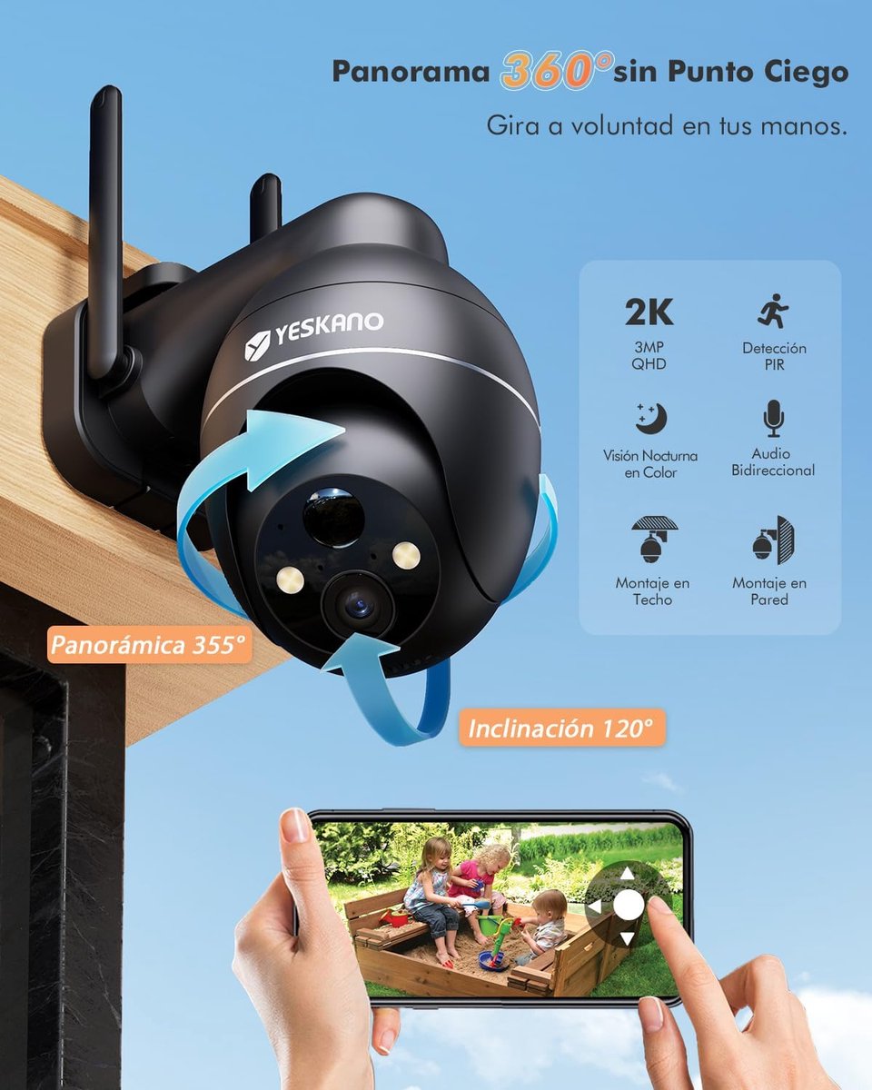 SnelShoppen - Draadloze 2K Bewakingscamera WiFi Buiten Solar 360 Graden PTZ Camera met Kleur Nachtzicht, PIR Detectie en Twee-Weg Audio (Zwart)