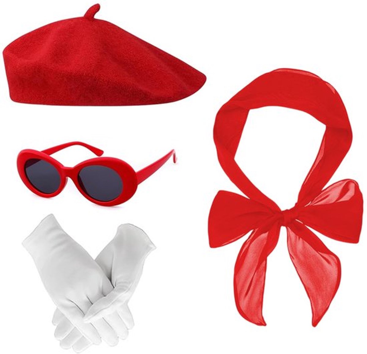 Kostuumaccessoires Elegante Jurk Jaren '50 - Franse Baret - Zonnebril - Sjaal - Handschoenen - Wolmix/Nylon - Carnavalset
