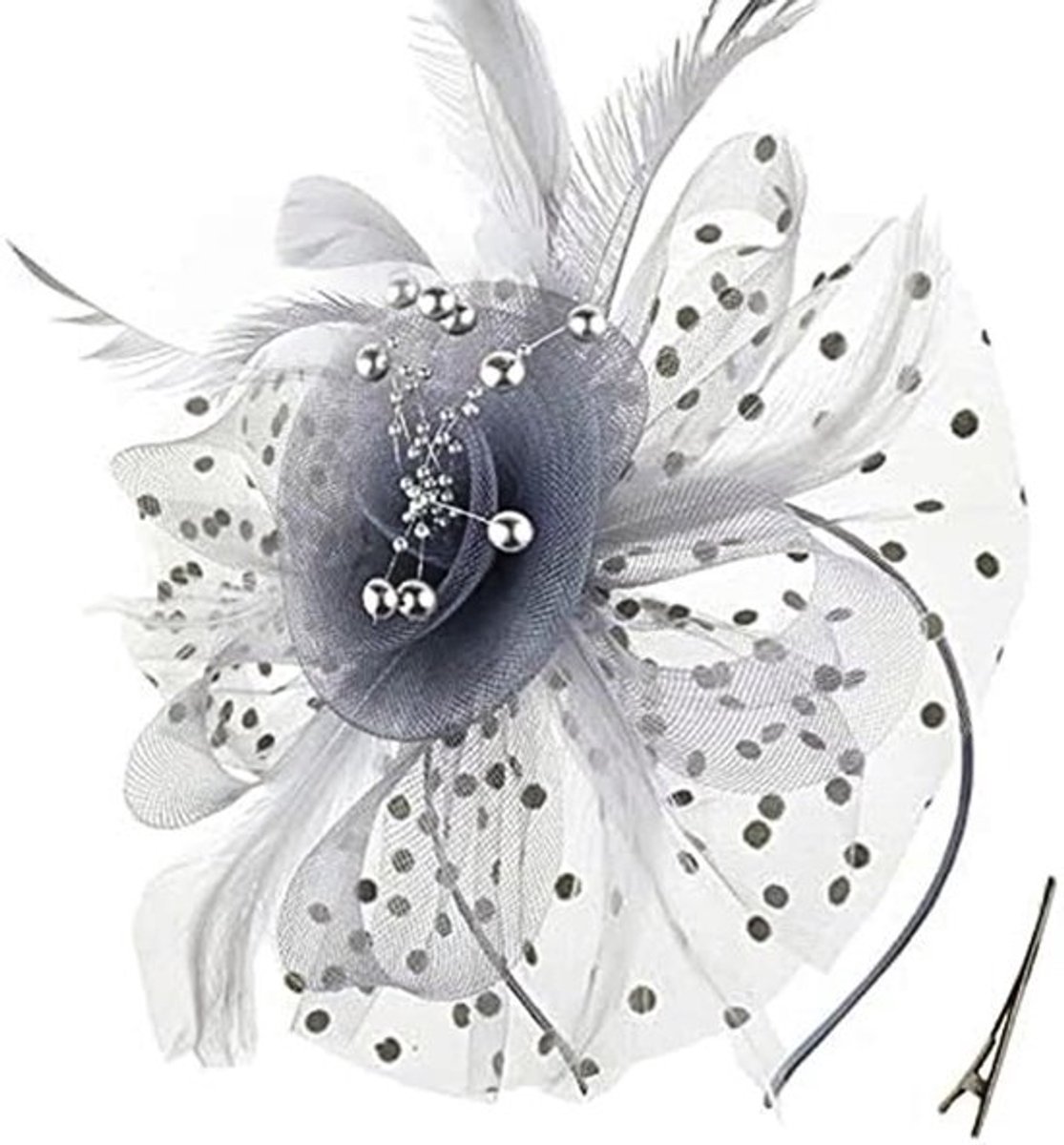 Hoed Vintage Veer - Hoofddeksel Gaasdoek - Bloemenhart Haarstukje - Voor Vrouwen/Meisjes - Grijs - Elegant Design - Fascinator