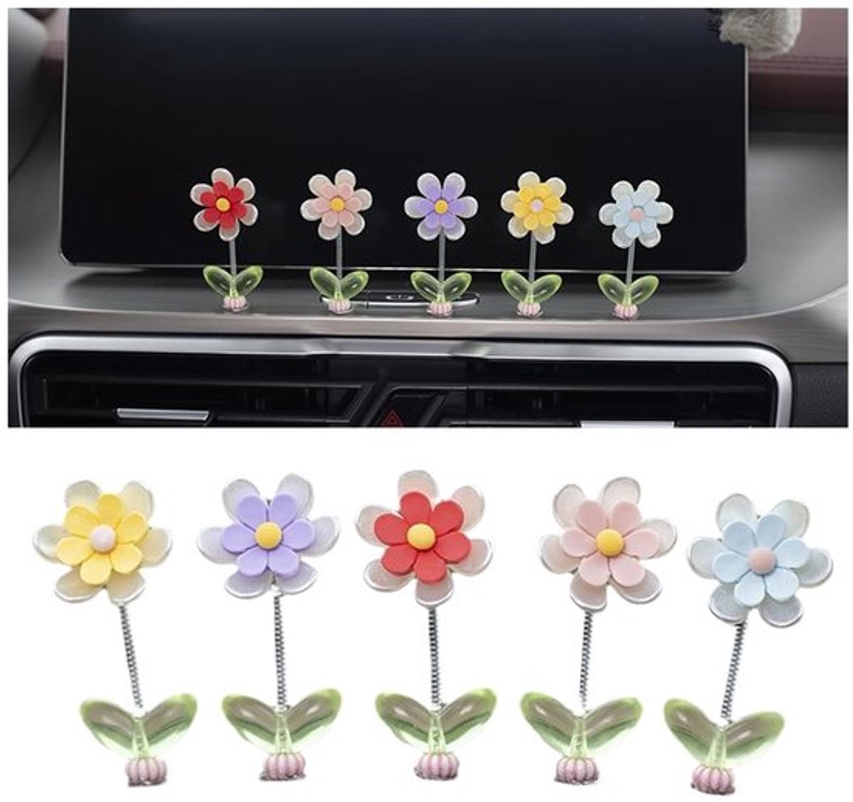 Bloemendecoratie Madeliefje - Auto Decoratie - Dashboard Decoratie - Interieurdecoratie - Hars Ornament - 5 Kleuren Set - Autodecoratie