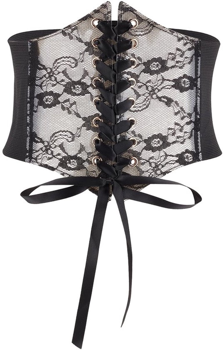Bloemenkorset Zwart Kant - Elastische Riem - Corsage Riem - Vintage Accessoire - Taille Accentuerend - Afmetingen 72 x 19,5 cm - Corsetriem