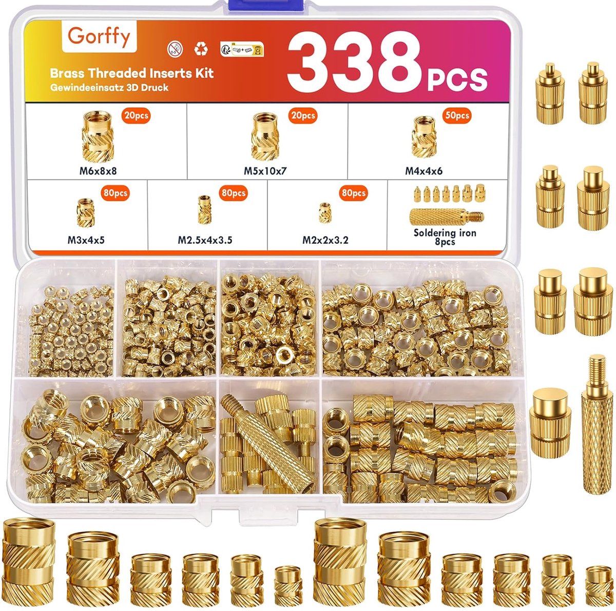 SnelShoppen - 338 Stuks Draad Inserts voor 3D Printing, M2 M2.5 M3 M4 M5 M6, Messing Draadmoeren, Smeltijzer Set, Hulpset, Gelaagde Draad Inserts